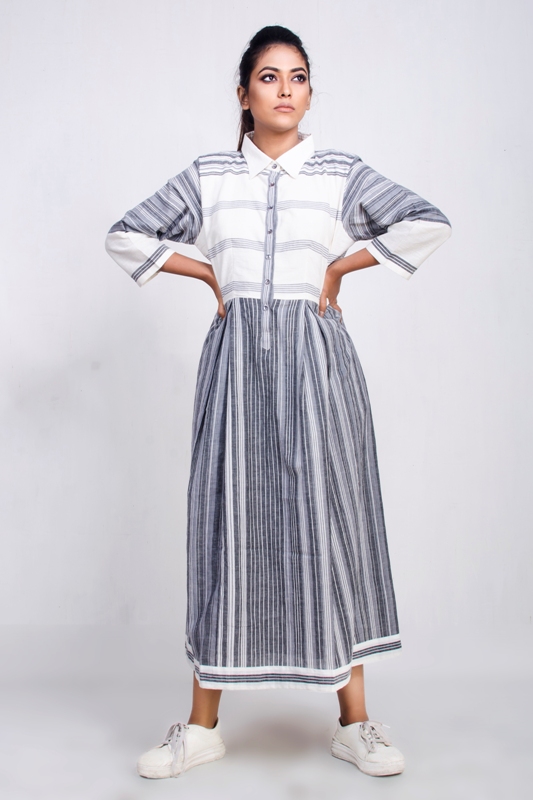 Handwoven uneven striped mid-length dress 